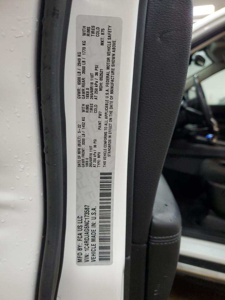 2022 Dodge Durango Sxt VIN: 1C4RDJAG6NC173587 Lot: 59383545