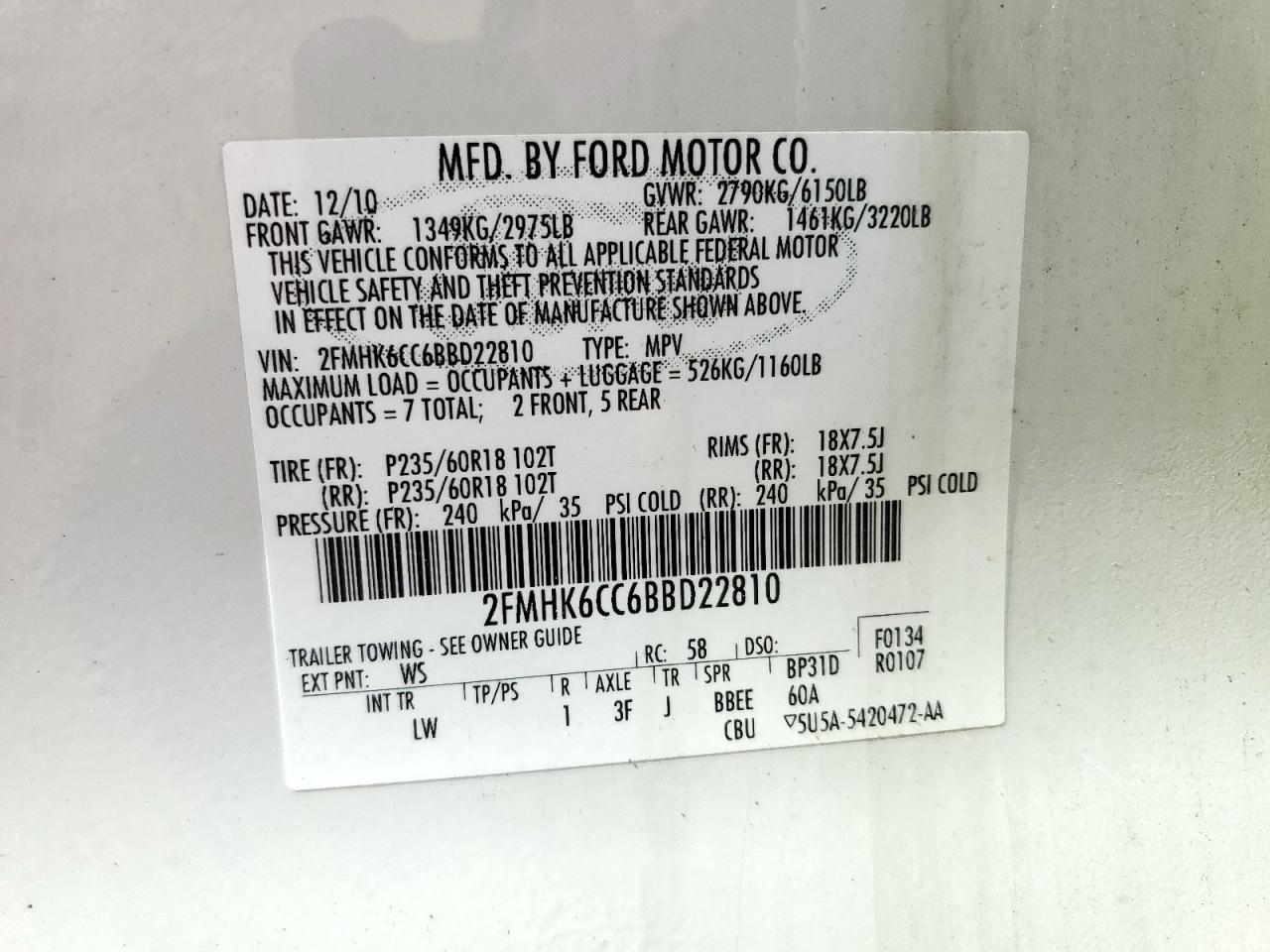 2011 Ford Flex Sel VIN: 2FMHK6CC6BBD22810 Lot: 62766935