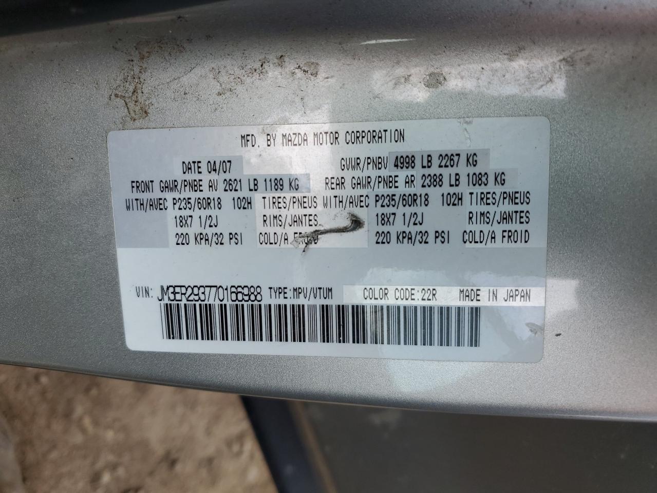2007 Mazda Cx-7 VIN: JM3ER293770166988 Lot: 59381225