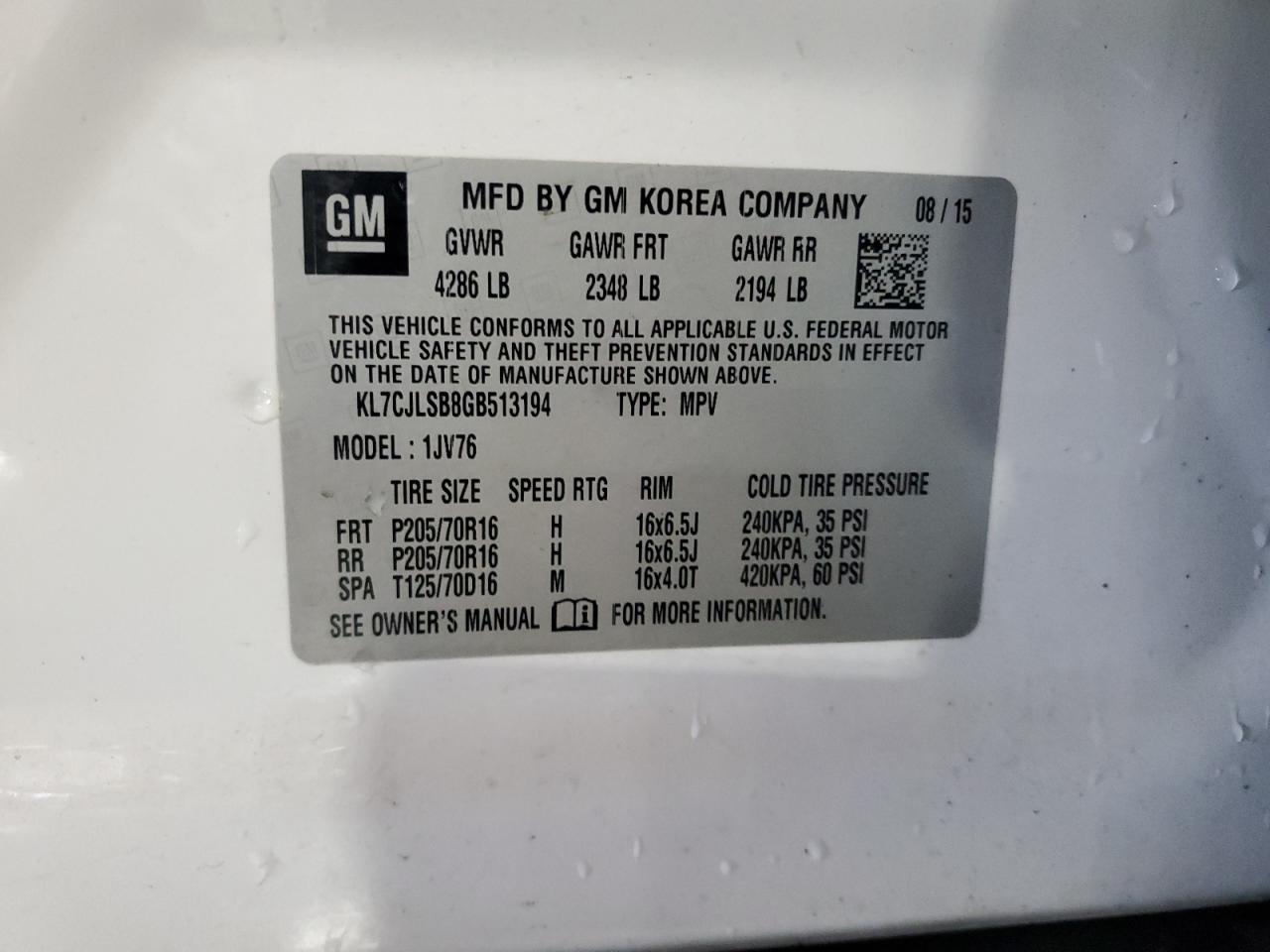 2016 Chevrolet Trax 1Lt VIN: KL7CJLSB8GB513194 Lot: 62786785
