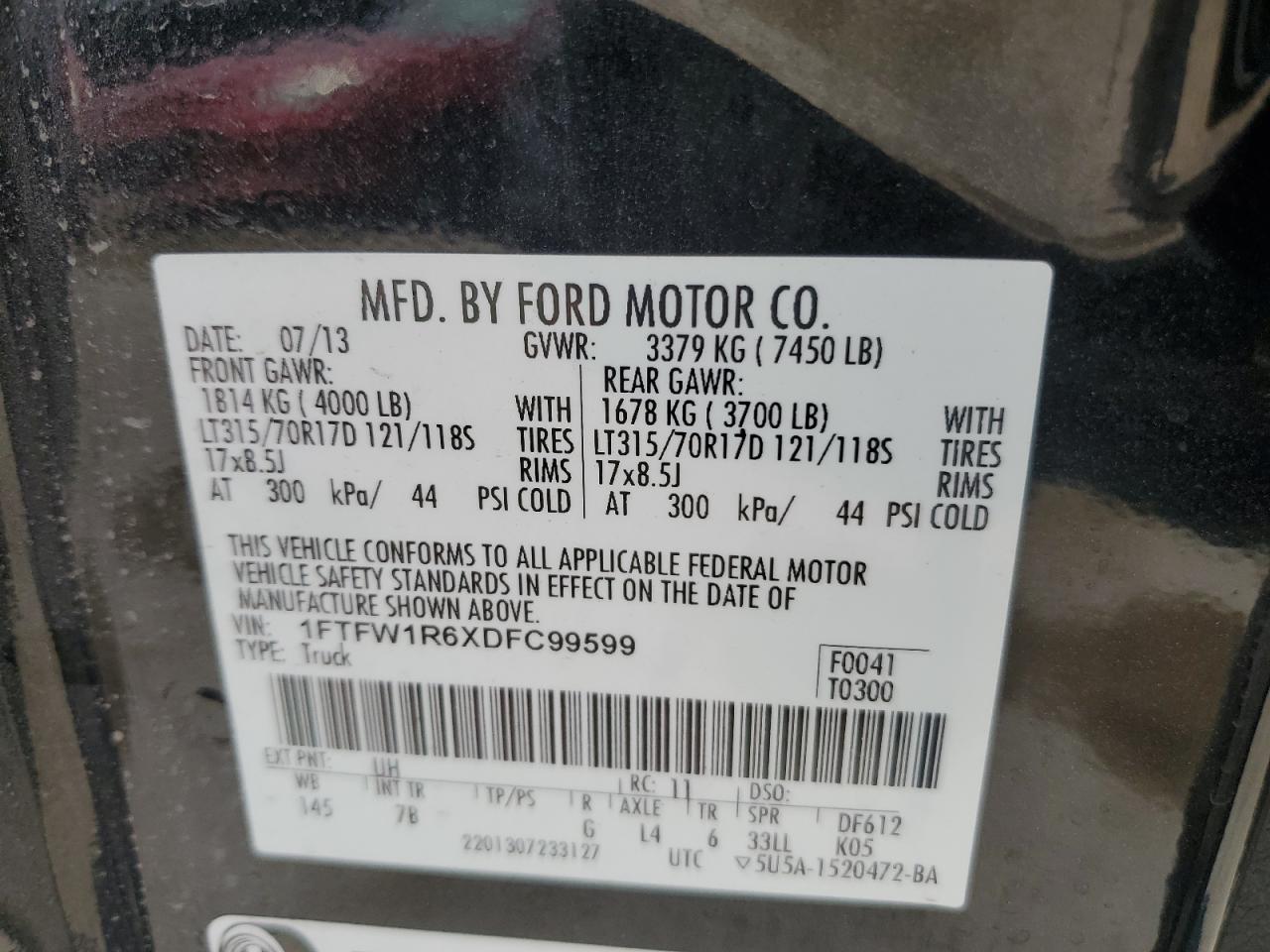 2013 Ford F150 Svt Raptor VIN: 1FTFW1R6XDFC99599 Lot: 62554015