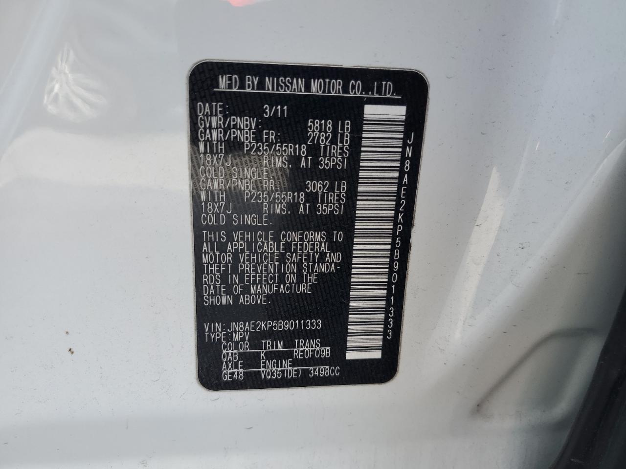 2011 Nissan Quest S VIN: JN8AE2KP5B9011333 Lot: 60062345