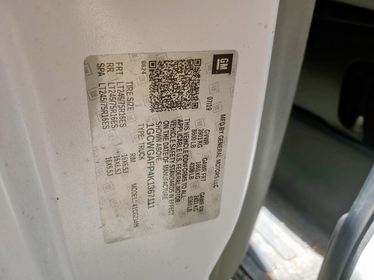 2019 Chevrolet Express G2500 VIN: 1GCWGAFP4K1367111 Lot: 60326115