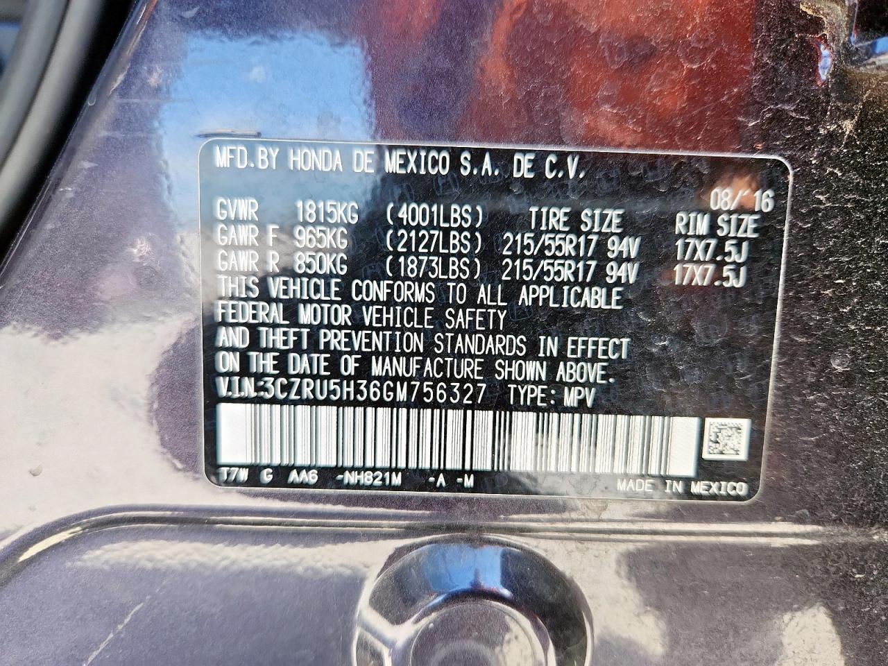 2016 Honda Hr-V Lx VIN: 3CZRU5H36GM756327 Lot: 62876155
