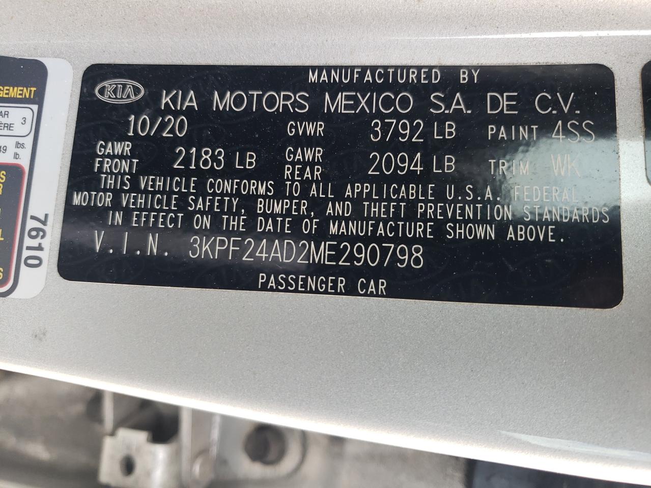 2021 Kia Forte Fe VIN: 3KPF24AD2ME290798 Lot: 61677625