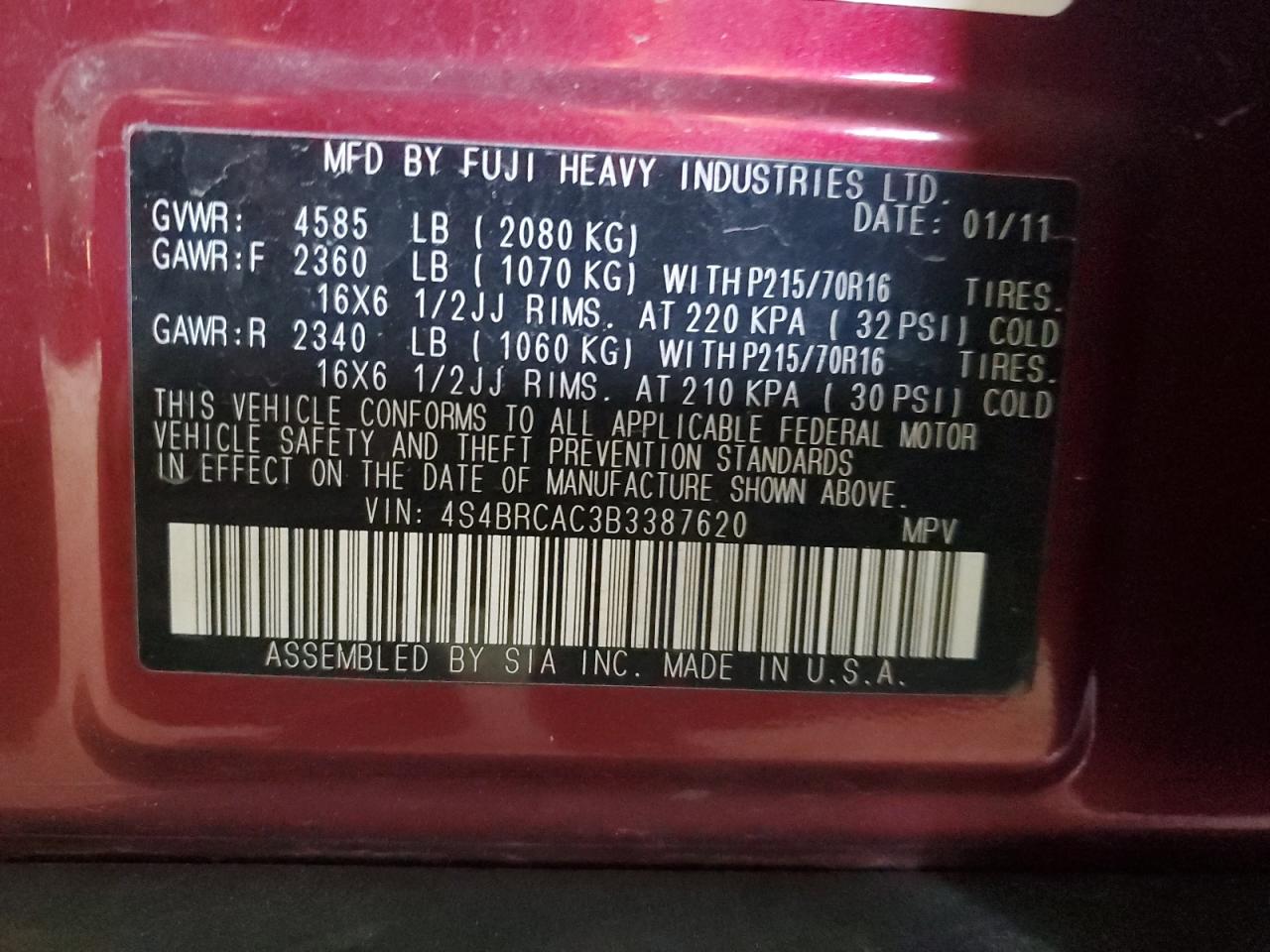 2011 Subaru Outback 2.5I VIN: 4S4BRCAC3B3387620 Lot: 59632405