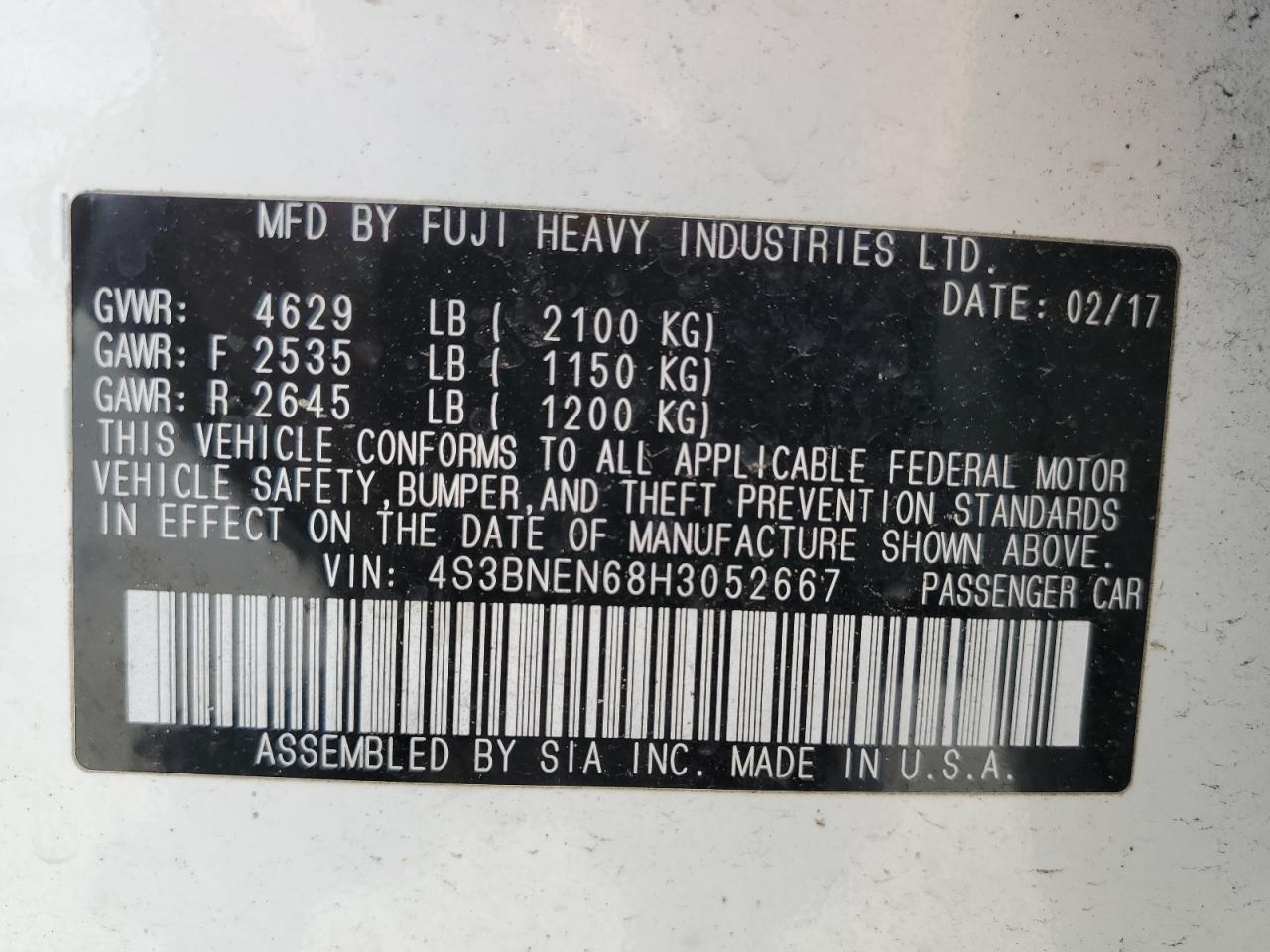 2017 Subaru Legacy 3.6R Limited VIN: 4S3BNEN68H3052667 Lot: 63068935
