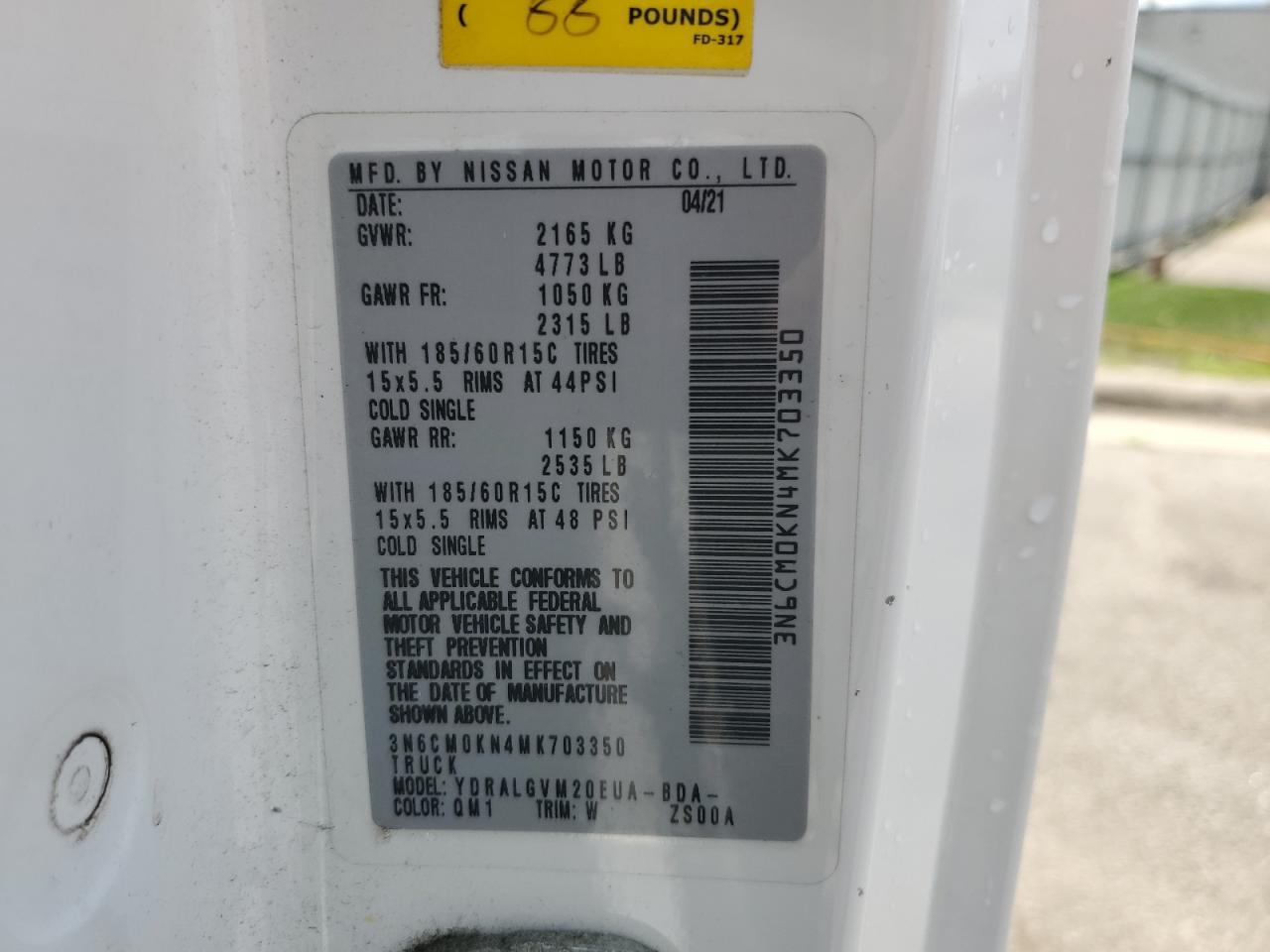 2021 Nissan Nv200 2.5S VIN: 3N6CM0KN4MK703350 Lot: 61940465