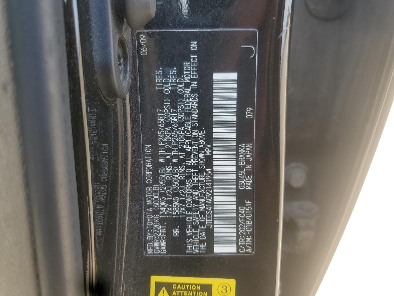 2009 Toyota Highlander VIN: JTEES41A092141954 Lot: 62504065