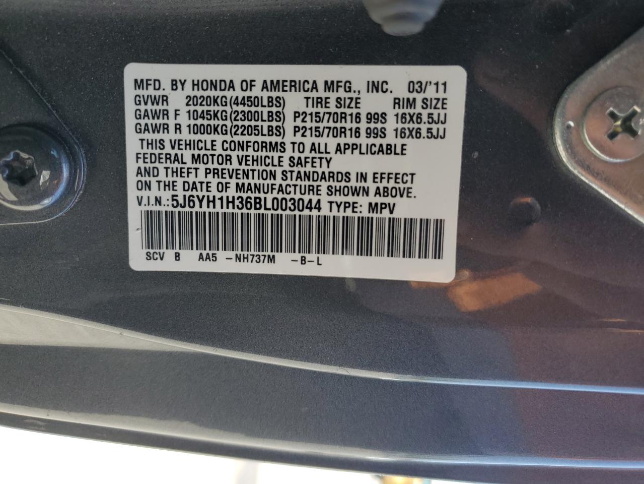 2011 Honda Element Lx VIN: 5J6YH1H36BL003044 Lot: 62960975