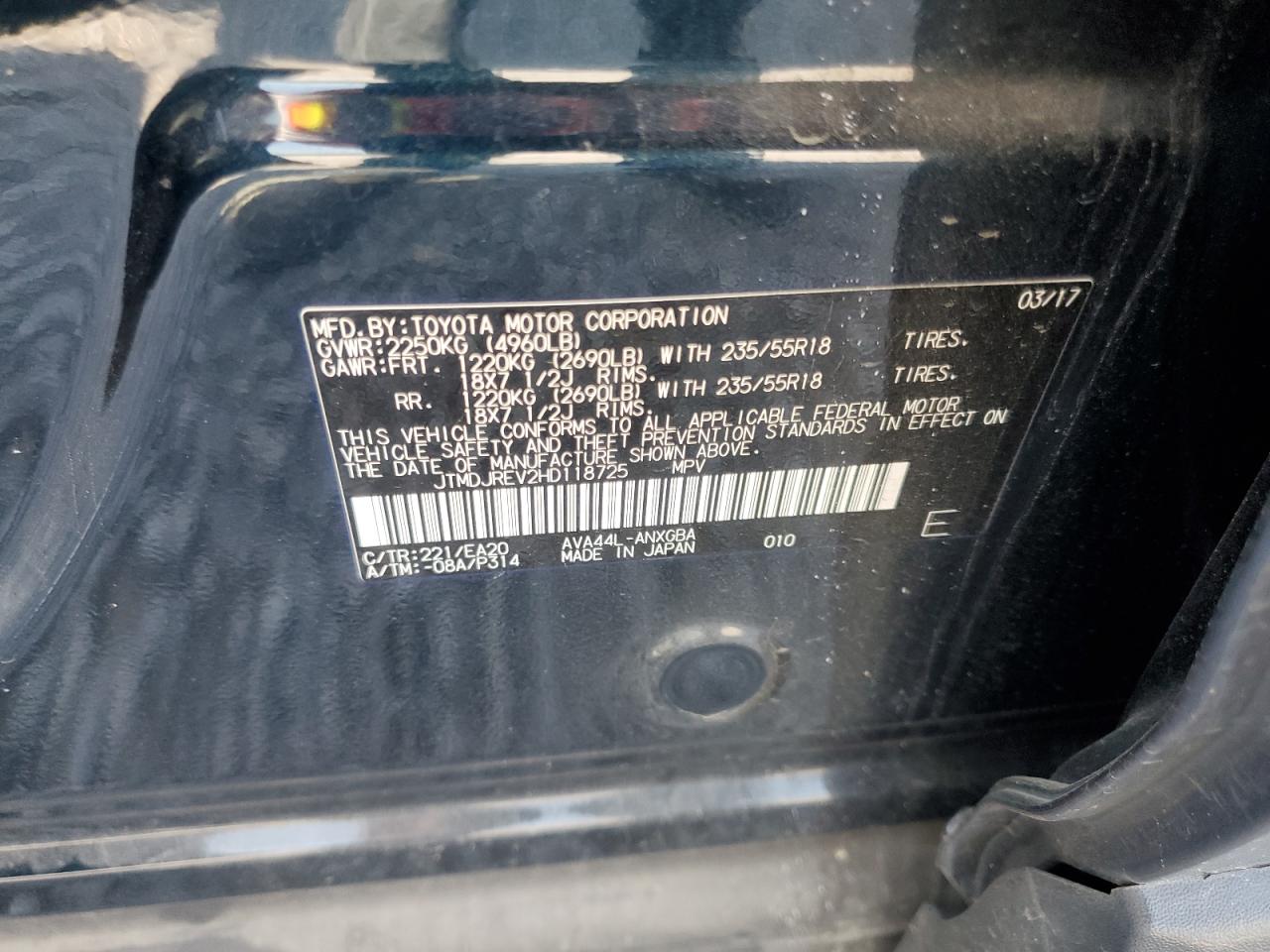 2017 Toyota Rav4 Hv Limited VIN: JTMDJREV2HD118725 Lot: 62640595