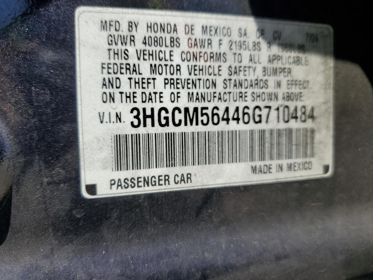 2006 Honda Accord Lx VIN: 3HGCM56446G710484 Lot: 62486195