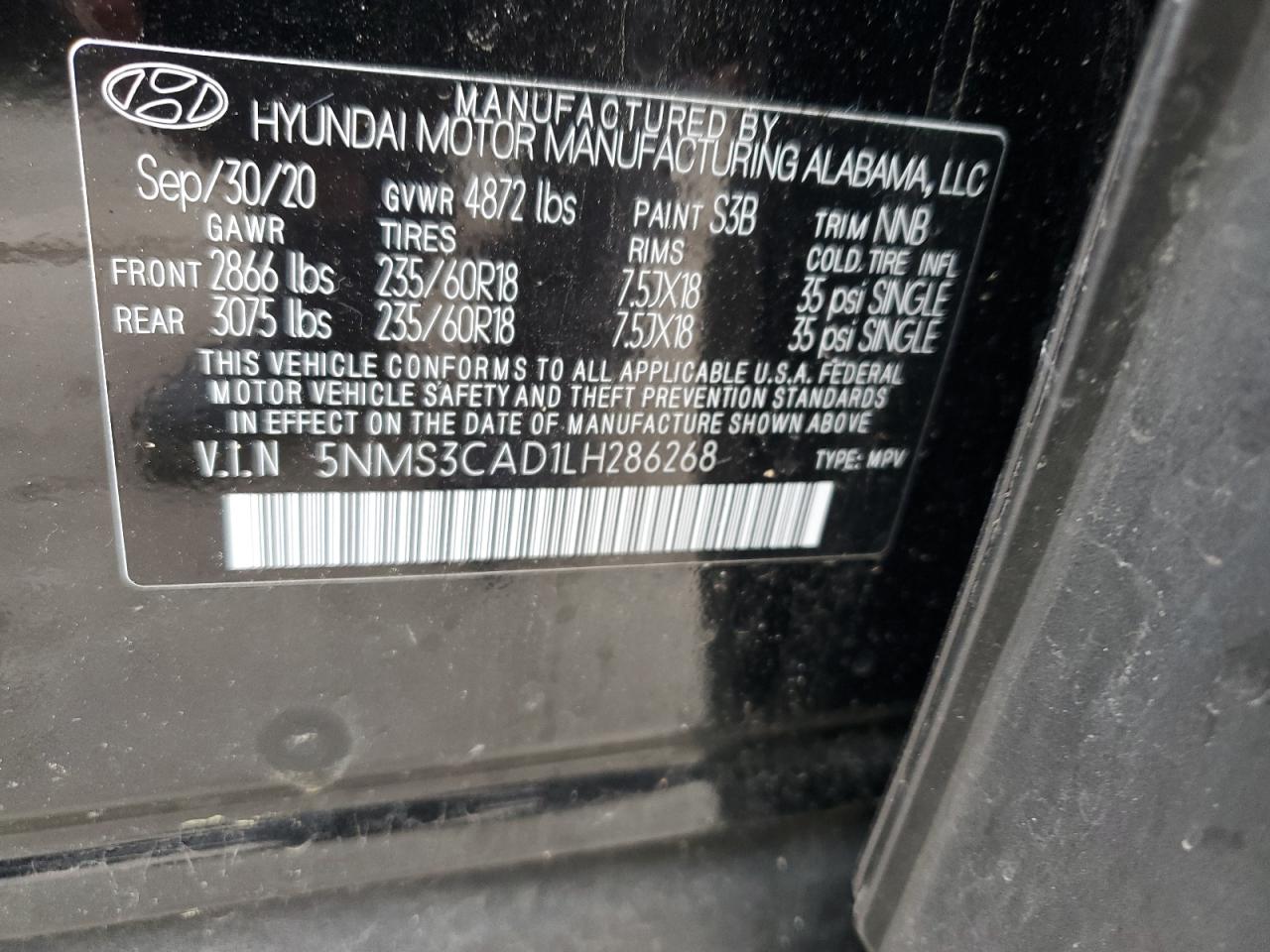 2020 Hyundai Santa Fe Sel VIN: 5NMS3CAD1LH286268 Lot: 62595025