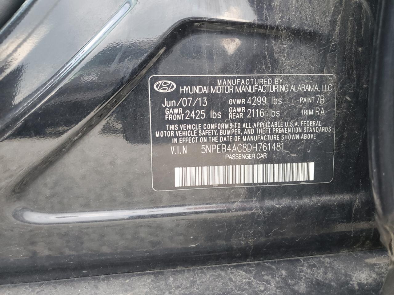 HYUNDAI SONATA 2013 VIN 5NPEB4AC8DH761481 zdjęcie 12