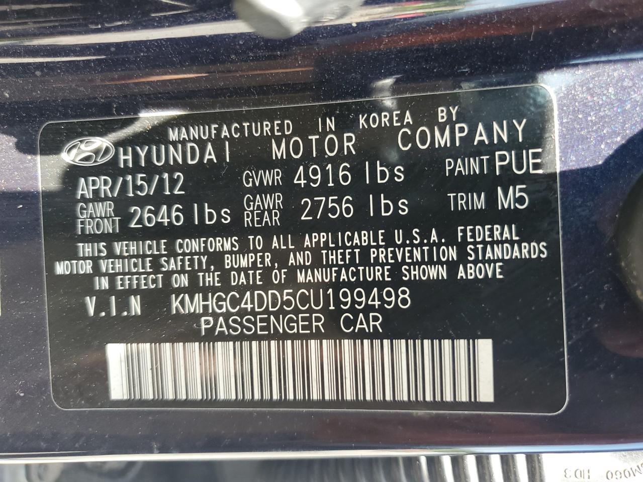 2012 Hyundai Genesis 3.8L VIN: KMHGC4DD5CU199498 Lot: 61195305