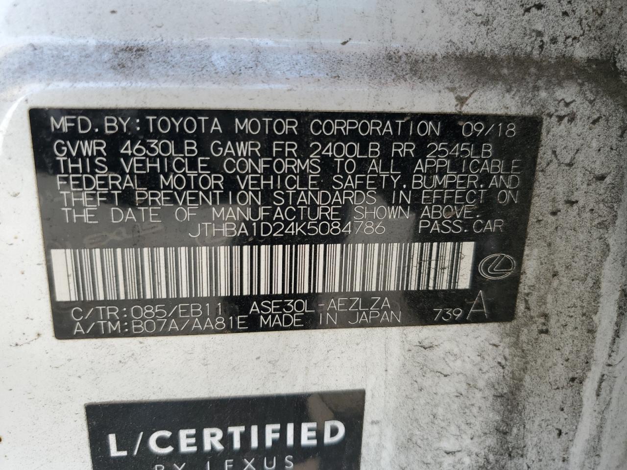 2019 Lexus Is 300 VIN: JTHBA1D24K5084786 Lot: 61334435