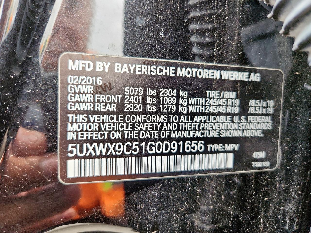 2016 BMW X3 xDrive28I VIN: 5UXWX9C51G0D91656 Lot: 61587815