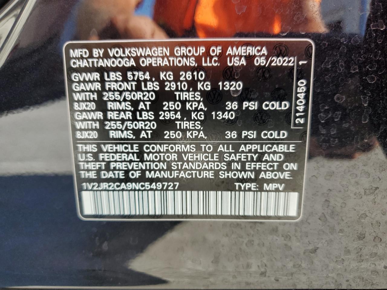 2022 Volkswagen Atlas Se VIN: 1V2JR2CA9NC549727 Lot: 60474485