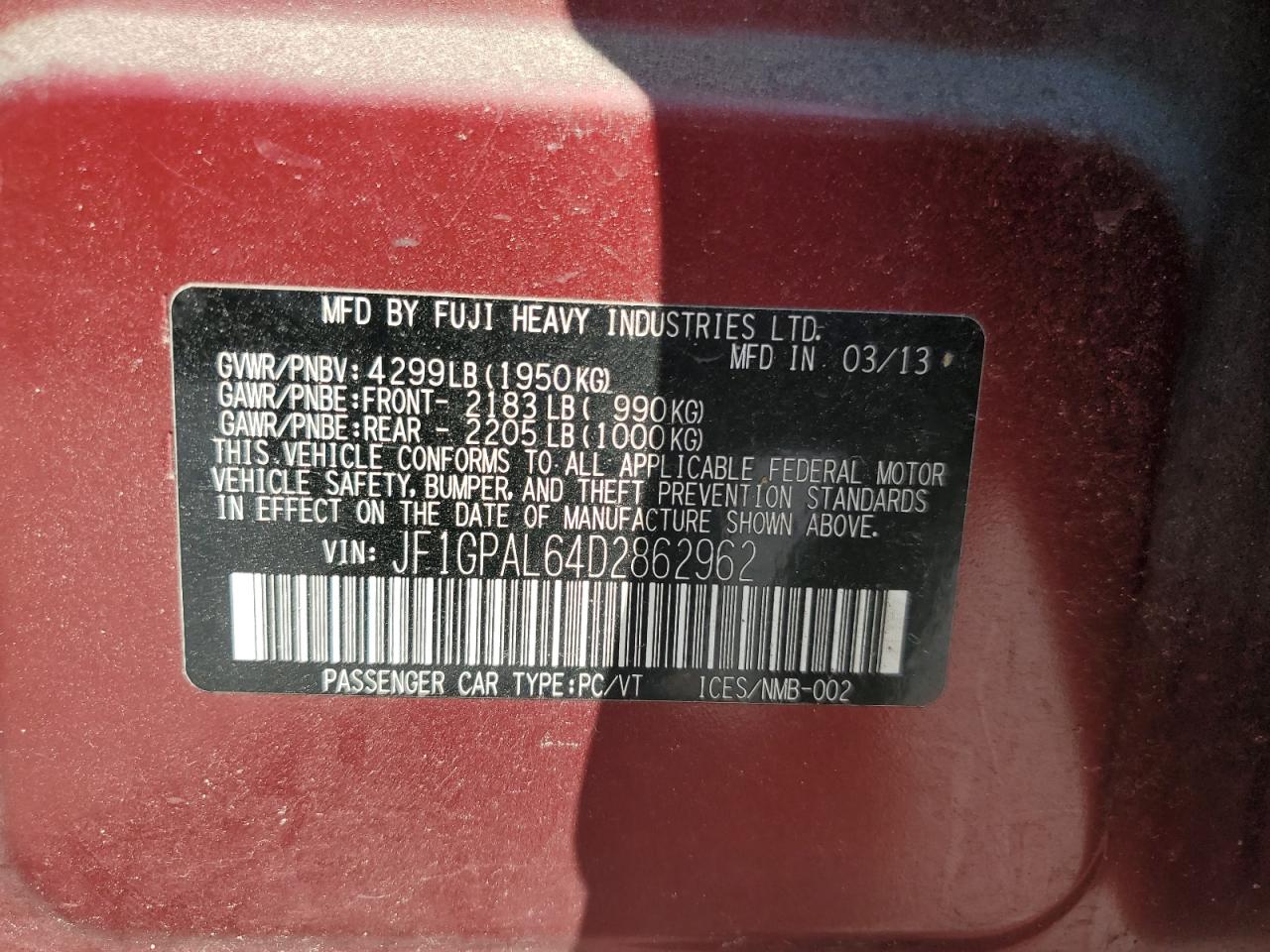 2013 Subaru Impreza Sport Premium VIN: JF1GPAL64D2862962 Lot: 62720045