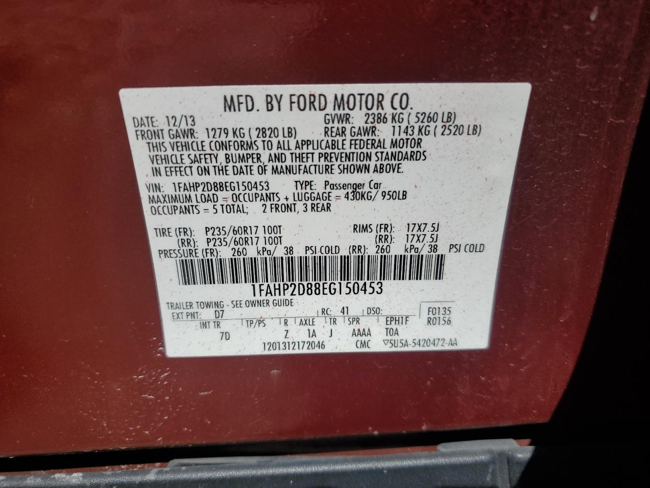 FORD TAURUS 2014 VIN 1FAHP2D88EG150453 zdjęcie 12