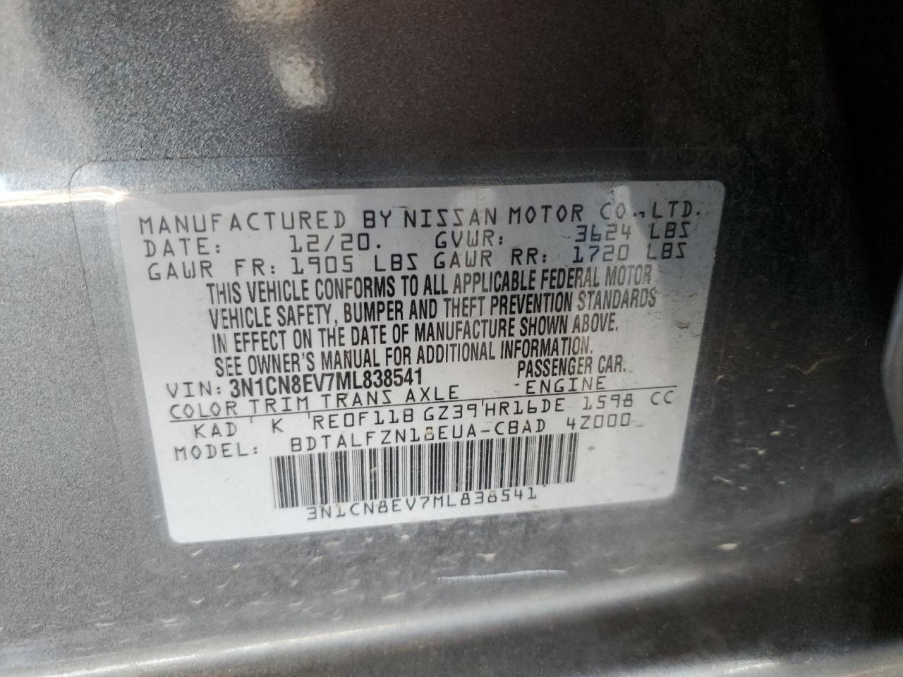 2021 Nissan Versa Sv VIN: 3N1CN8EV7ML838541 Lot: 61648435