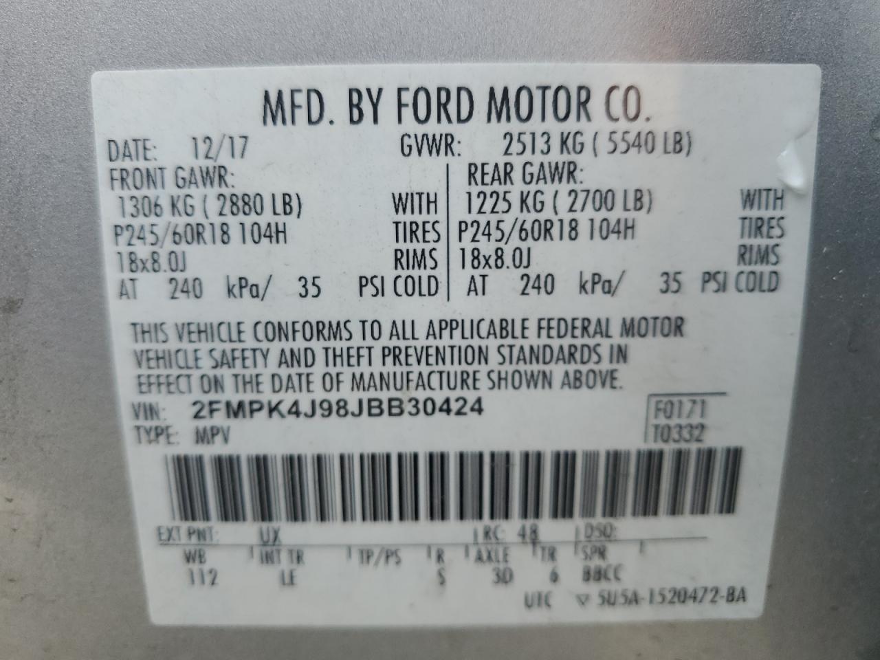 2FMPK4J98JBB30424 FORD EDGE 2018