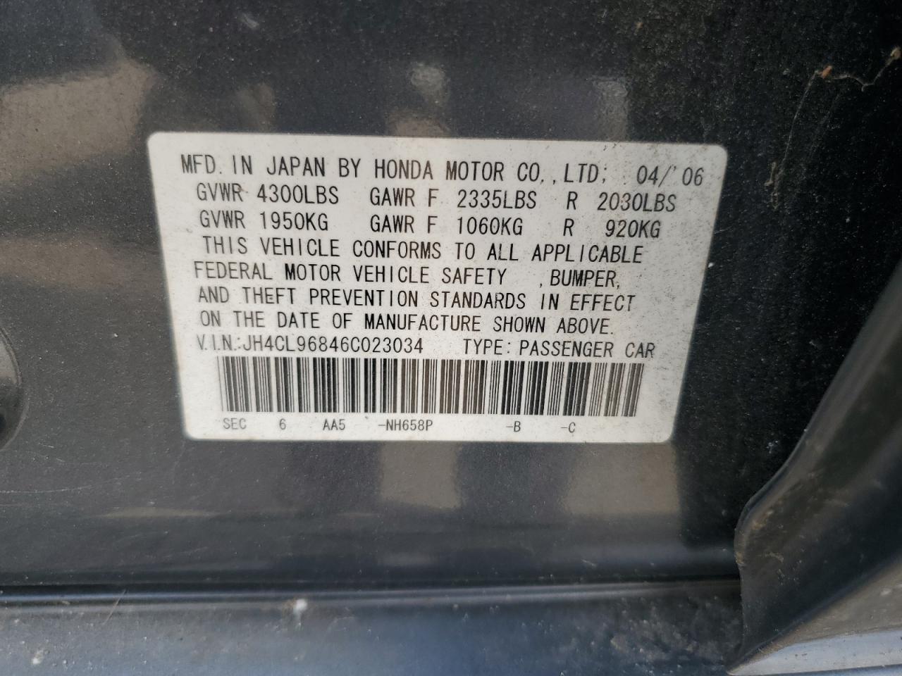 2006 Acura Tsx VIN: JH4CL96846C023034 Lot: 63004375