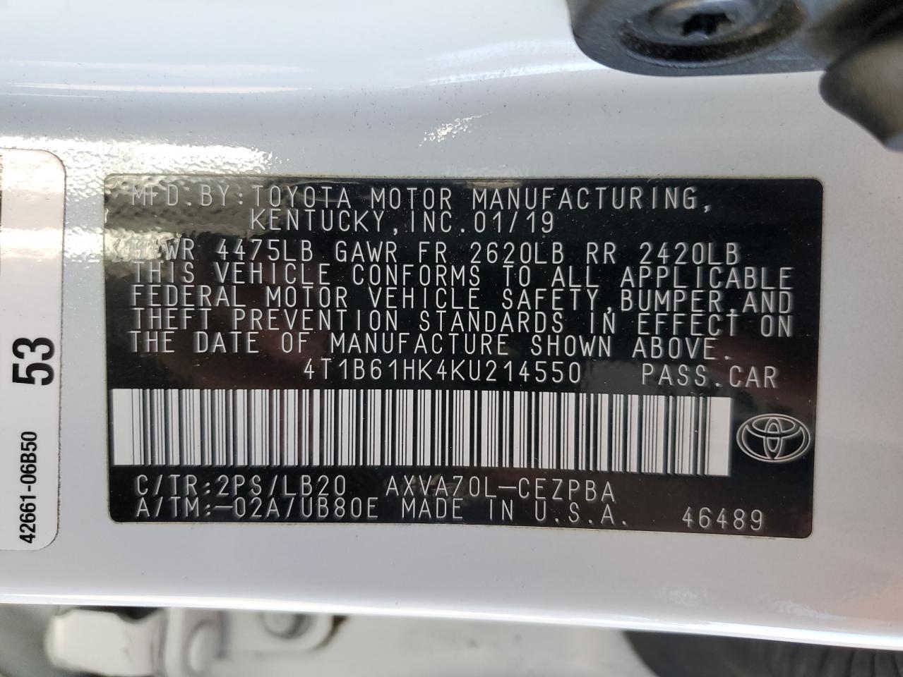 2019 Toyota Camry Xse VIN: 4T1B61HK4KU214550 Lot: 63006065