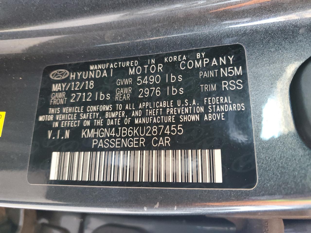2019 Genesis G80 Base VIN: KMHGN4JB6KU287455 Lot: 61179925