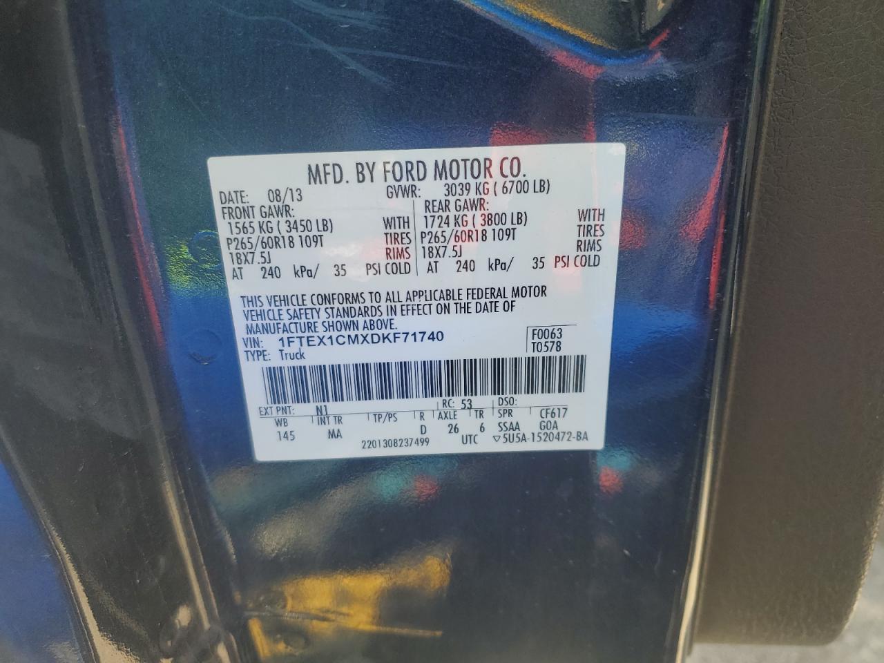 2013 Ford F150 Super Cab VIN: 1FTEX1CMXDKF71740 Lot: 60977505