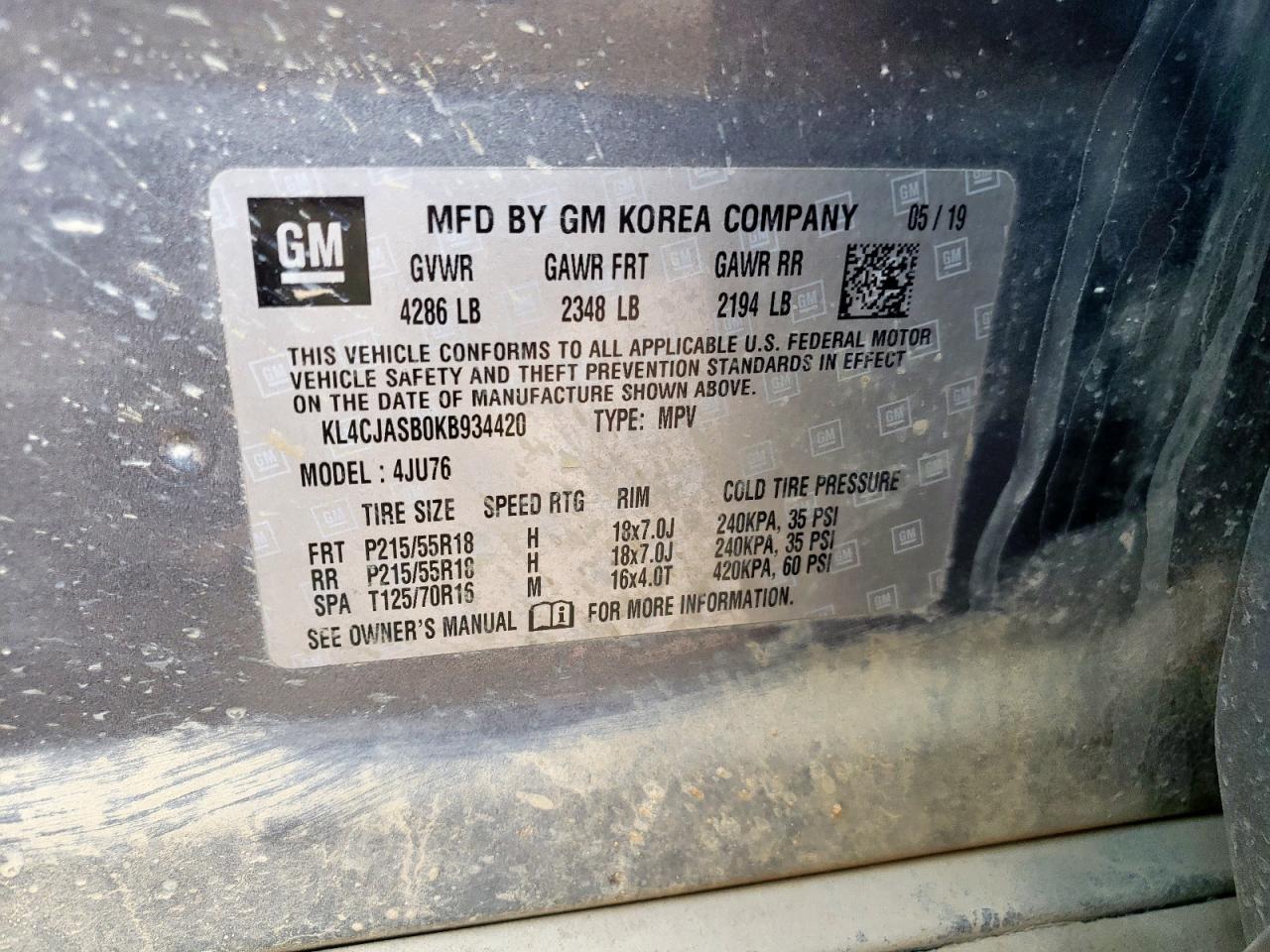 2019 Buick Encore Preferred VIN: KL4CJASB0KB934420 Lot: 61226205