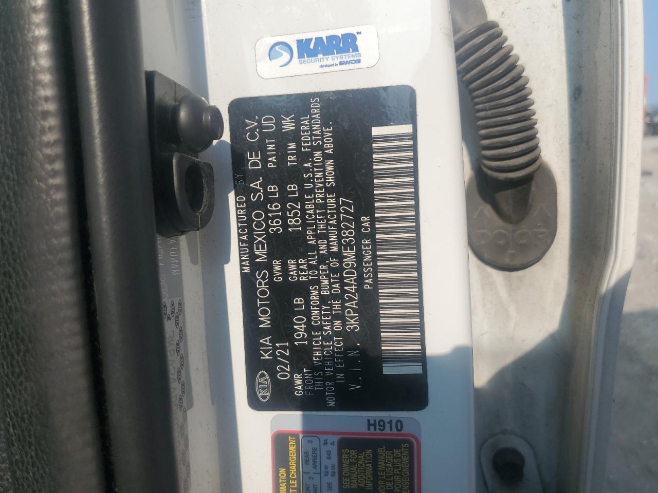 2021 Kia Rio Lx VIN: 3KPA24AD9ME382727 Lot: 59103525
