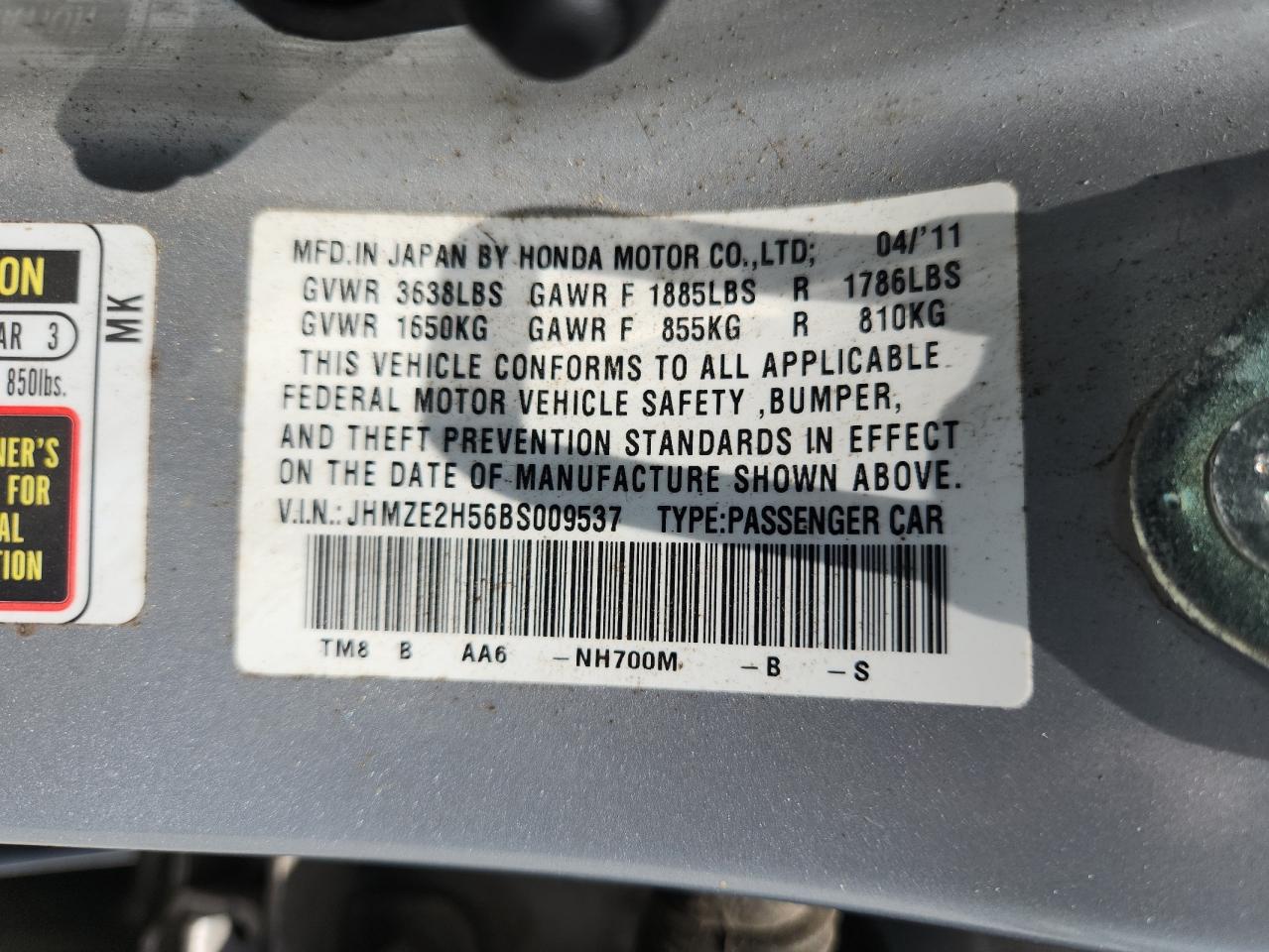 2011 Honda Insight Lx VIN: JHMZE2H56BS009537 Lot: 62281105