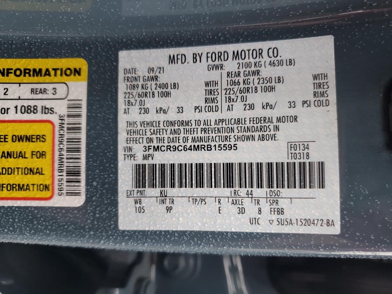 2021 Ford Bronco Sport Outer Banks VIN: 3FMCR9C64MRB15595 Lot: 61010845