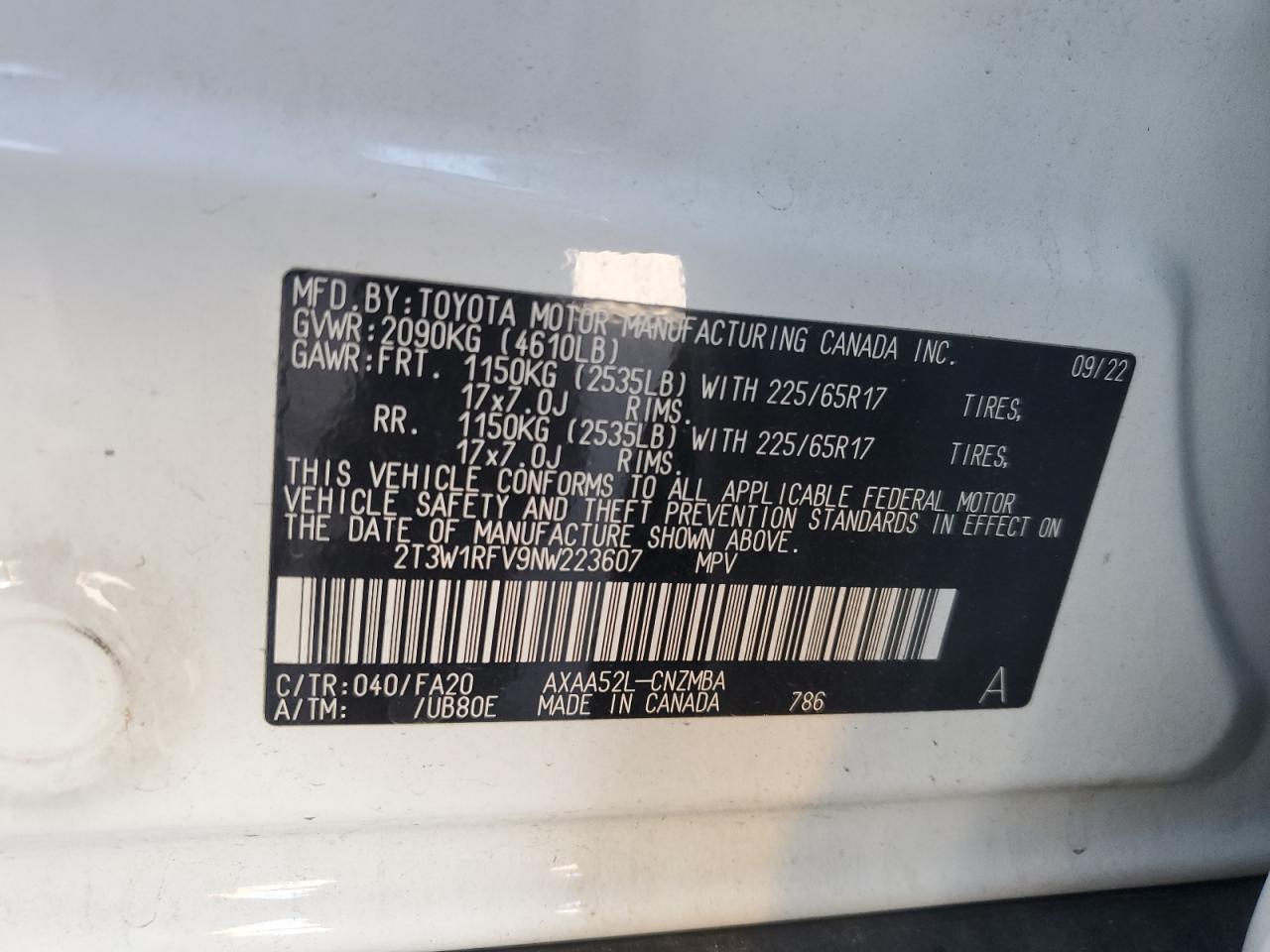 2022 Toyota Rav4 Xle VIN: 2T3W1RFV9NW223607 Lot: 61428035