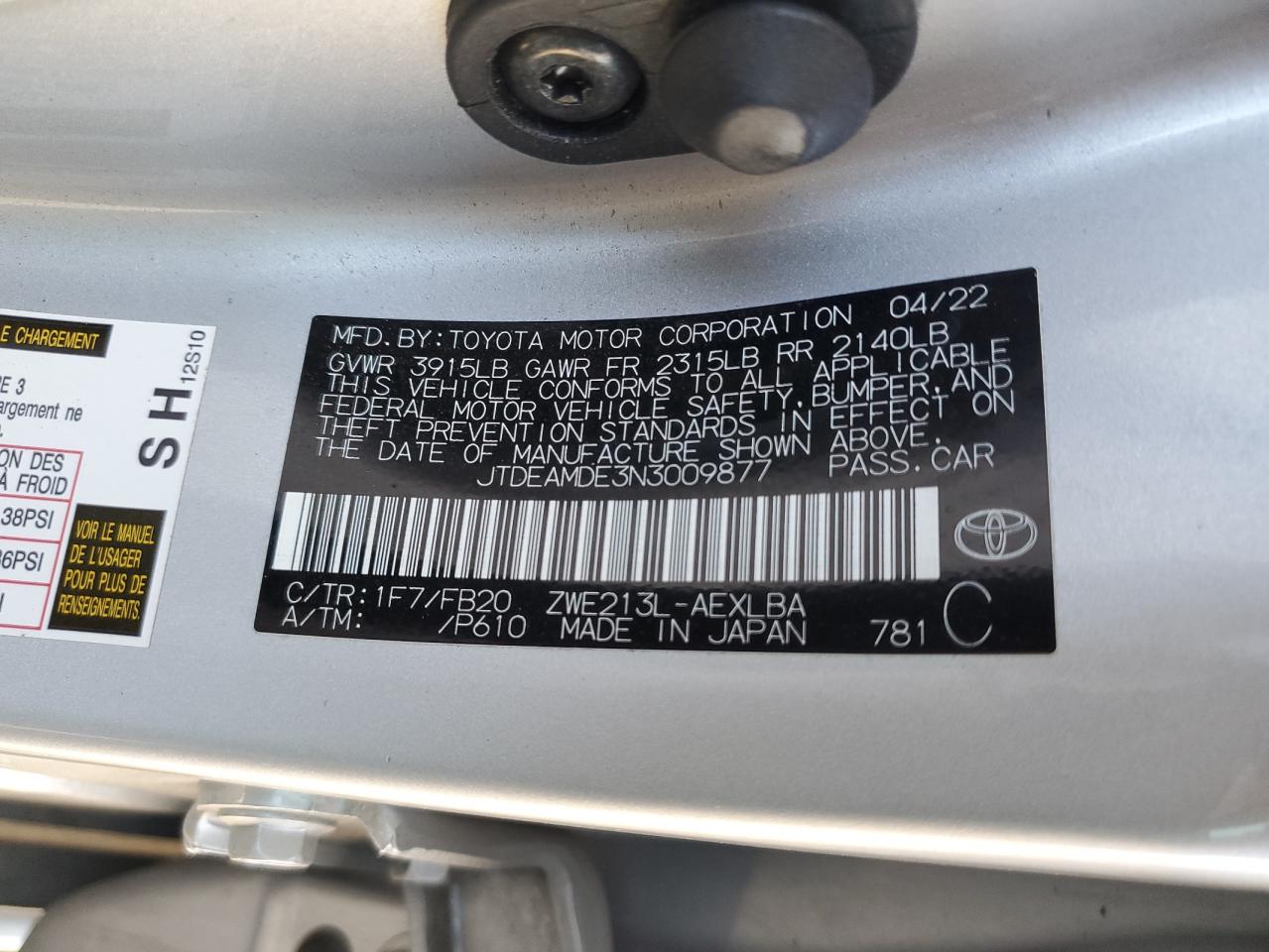 2022 Toyota Corolla Le VIN: JTDEAMDE3N3009877 Lot: 61605765