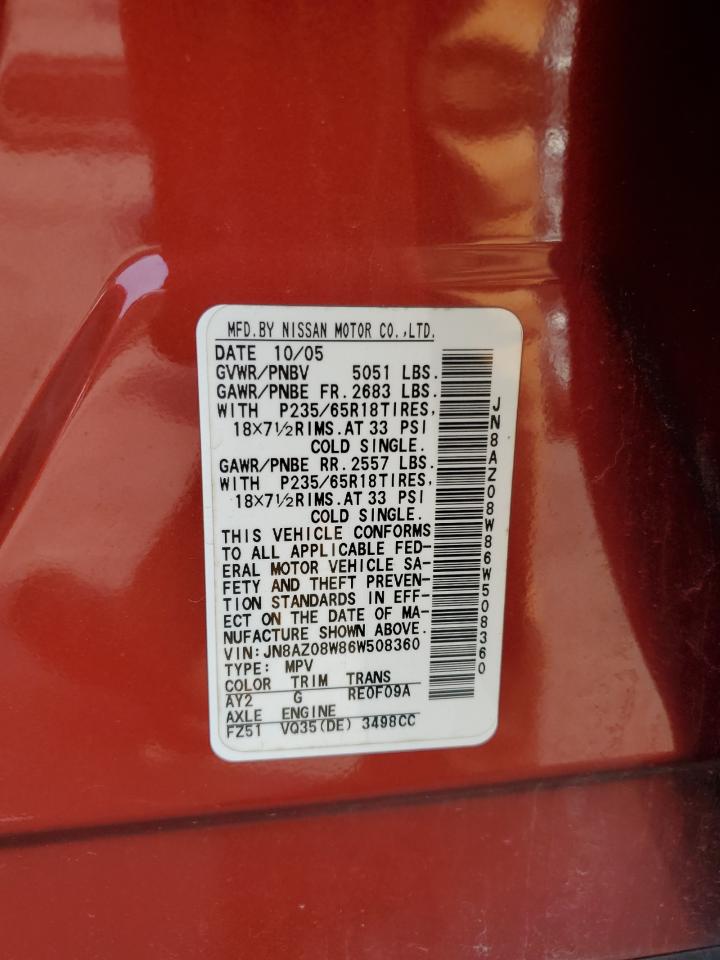 2006 Nissan Murano Sl VIN: JN8AZ08W86W508360 Lot: 58970485