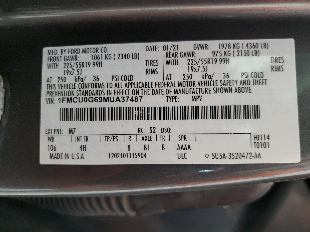 2021 Ford Escape Se VIN: 1FMCU0G69MUA37487 Lot: 61998435