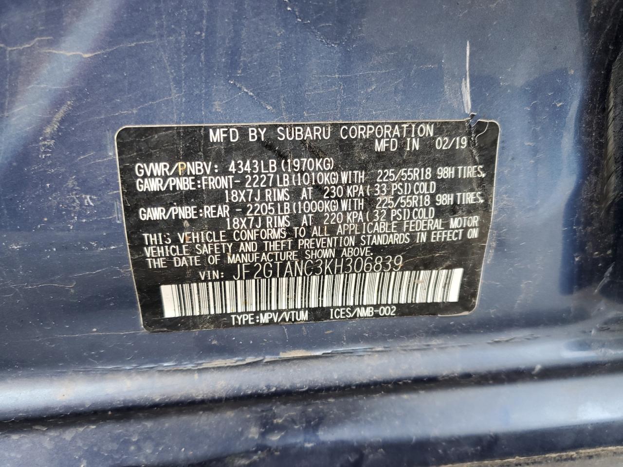 2019 Subaru Crosstrek Limited VIN: JF2GTANC3KH306839 Lot: 62546045