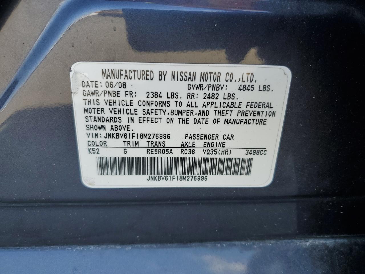 2008 Infiniti G35 VIN: JNKBV61F18M276996 Lot: 62965425