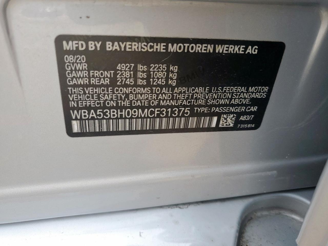 2021 BMW 530 I VIN: WBA53BH09MCF31375 Lot: 62372305