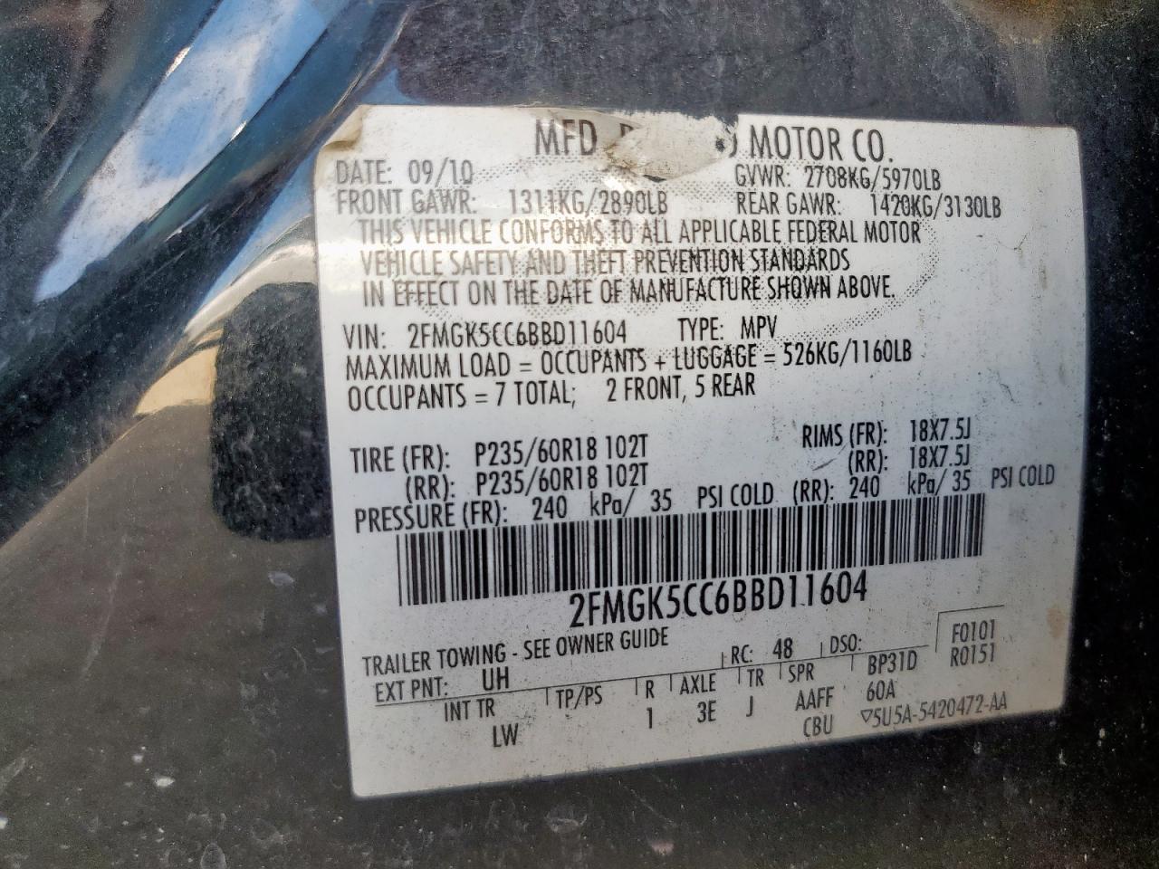2011 Ford Flex Sel VIN: 2FMGK5CC6BBD11604 Lot: 62344395