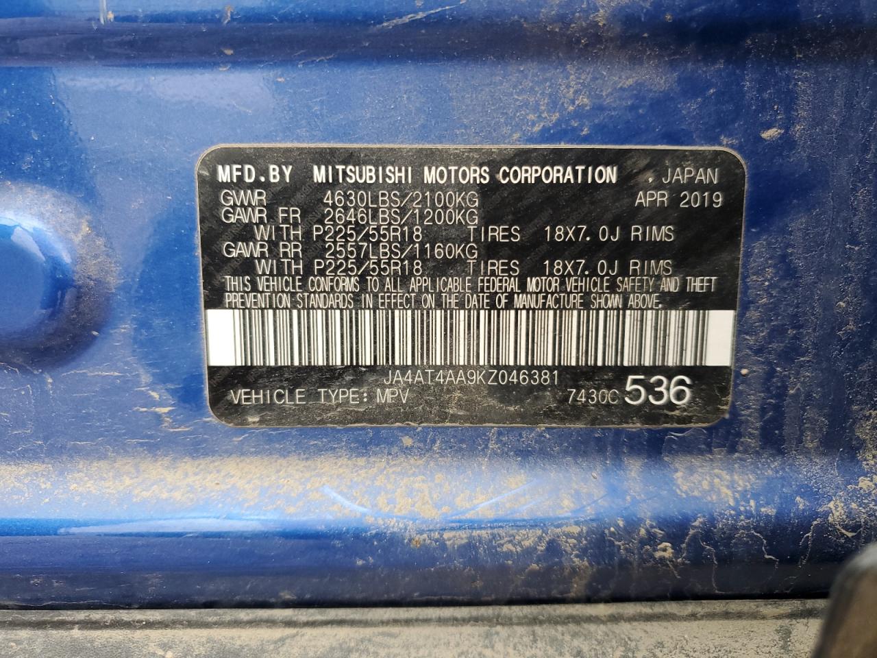 2019 Mitsubishi Eclipse Cross Le VIN: JA4AT4AA9KZ046381 Lot: 61342585