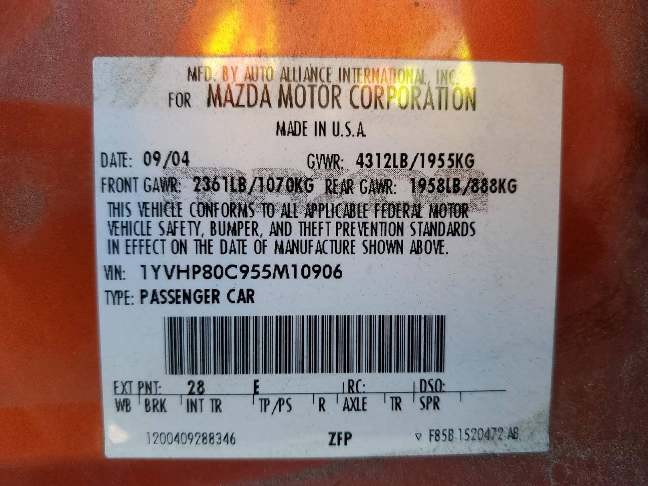 2005 Mazda 6 I VIN: 1YVHP80C955M10906 Lot: 59528135
