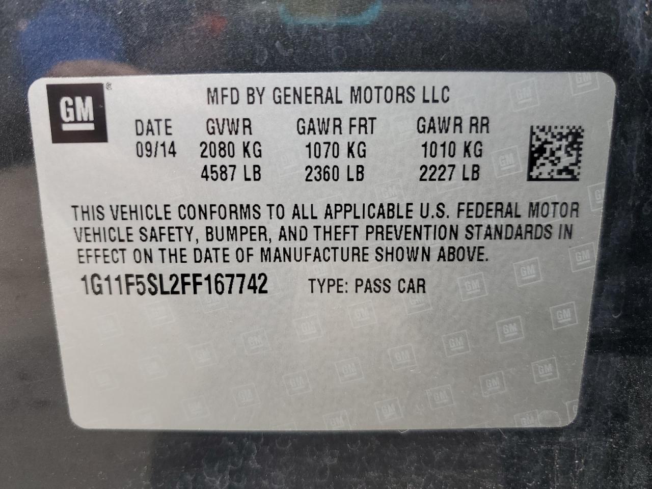 2015 Chevrolet Malibu Ltz VIN: 1G11F5SL2FF167742 Lot: 62757015