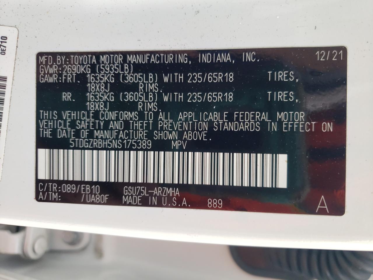 2022 Toyota Highlander Xle VIN: 5TDGZRBH5NS175389 Lot: 61526555