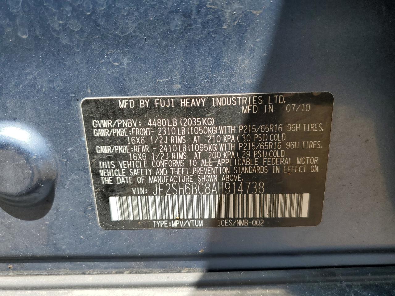 2010 Subaru Forester Xs VIN: JF2SH6BC8AH914738 Lot: 60211895