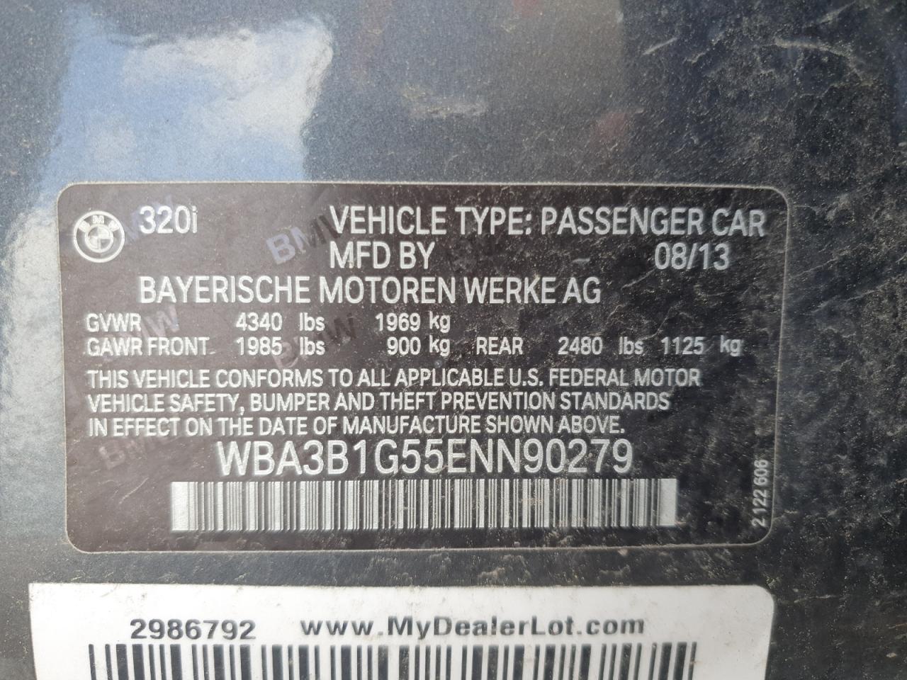 2014 BMW 320 I VIN: WBA3B1G55ENN90279 Lot: 62773945