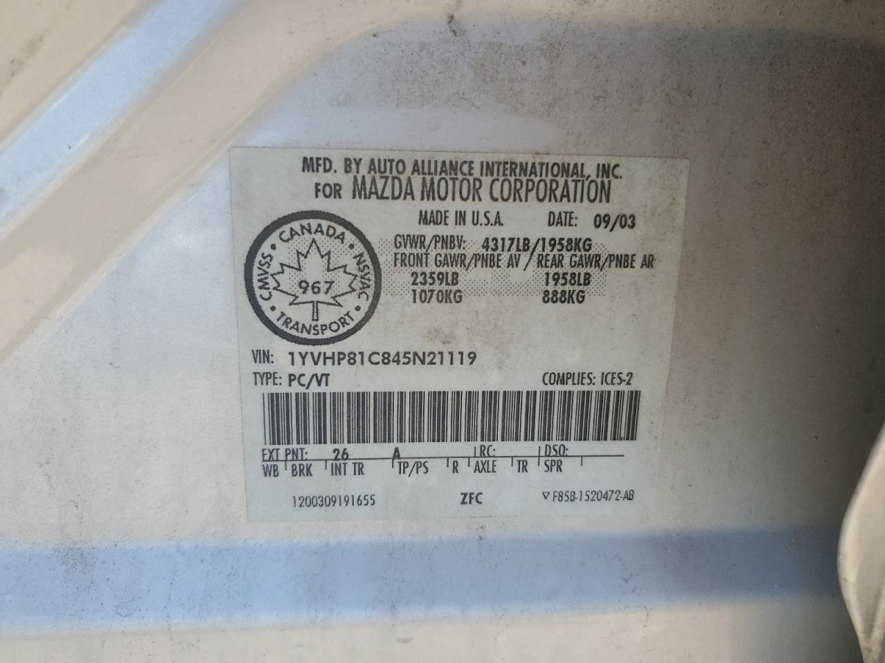 2004 Mazda 6 I VIN: 1YVHP81C845N21119 Lot: 61659835