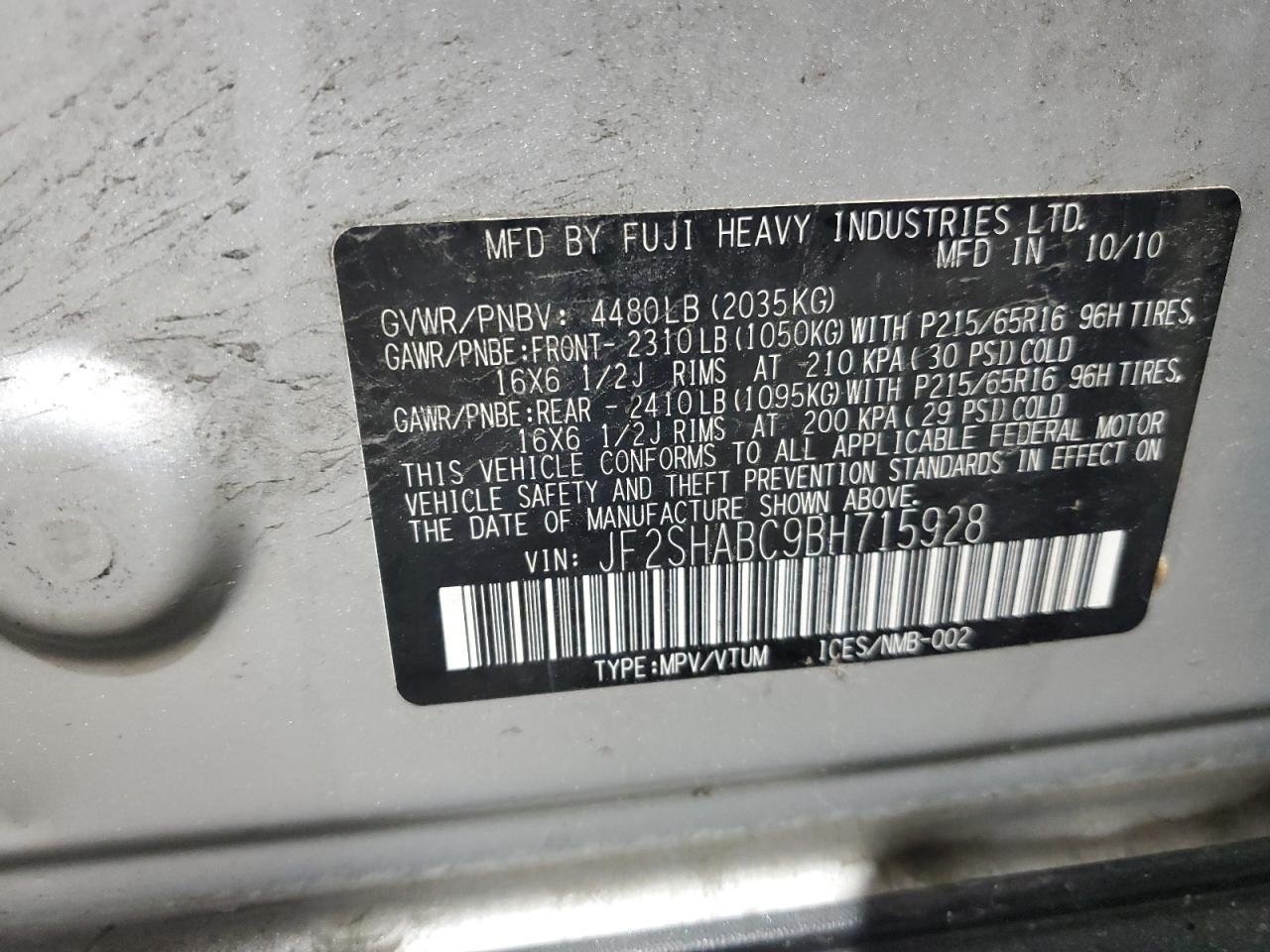 2011 Subaru Forester 2.5X VIN: JF2SHABC9BH715928 Lot: 62774885
